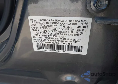 2010 Acura Mdx Technology Package from USA, damaged, VIN 2HNYD2H4XAH524984